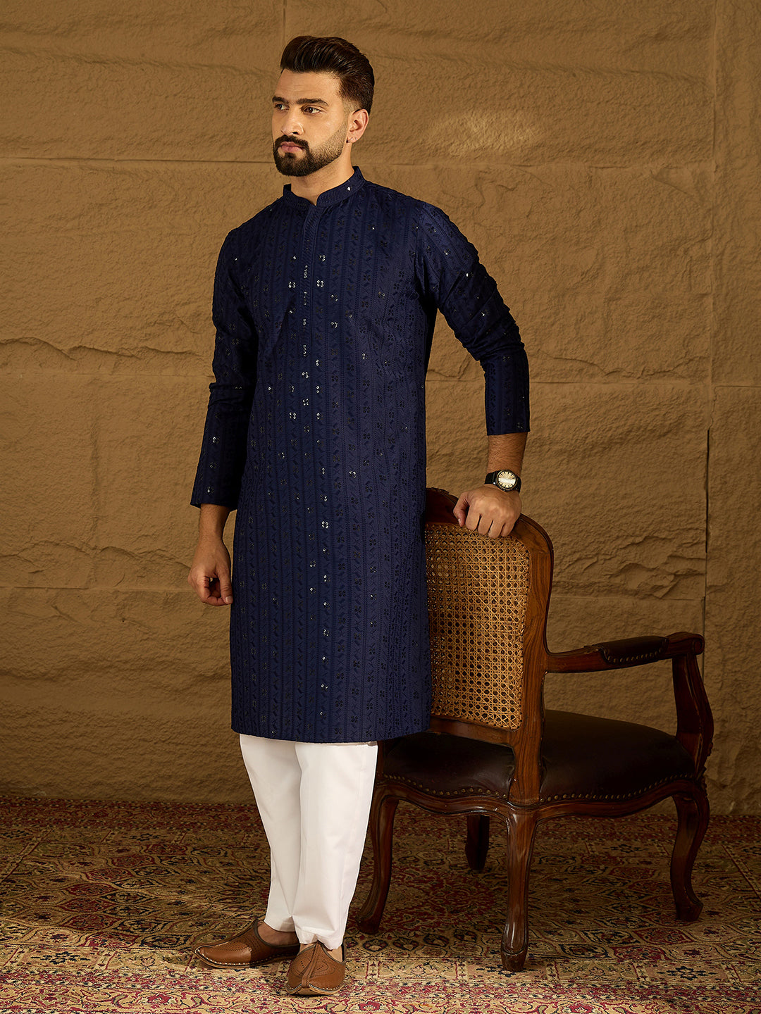 Men Navy Blue Viscose Rayon Solid Embroidered Straight Kurta with Trouser-MKSET1556