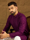 Men Purple Viscose Rayon Solid Embroidered Straight Kurta with Trouser-MKSET1557
