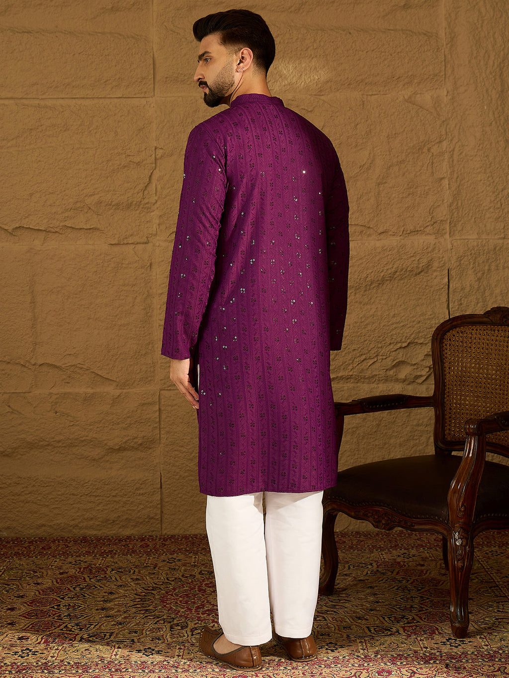 Men Purple Viscose Rayon Solid Embroidered Straight Kurta with Trouser-MKSET1557
