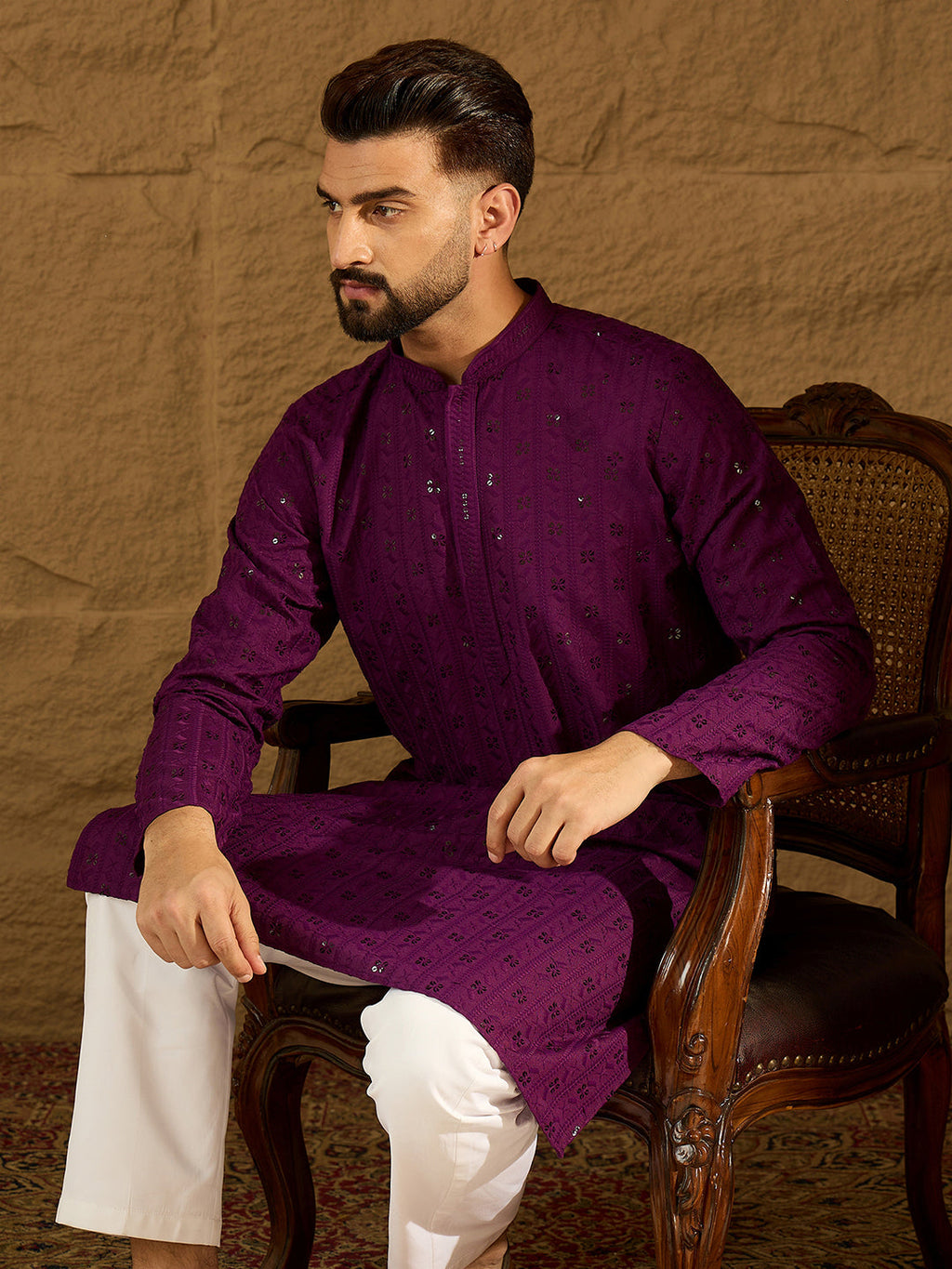 Men Purple Viscose Rayon Solid Embroidered Straight Kurta with Trouser-MKSET1557