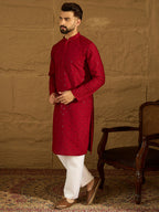 Men Maroon Viscose Rayon Solid Embroidered Straight Kurta with Trouser-MKSET1558