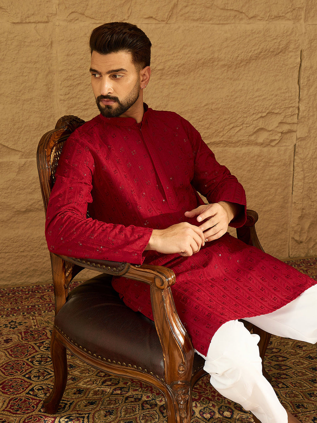 Men Maroon Viscose Rayon Solid Embroidered Straight Kurta with Trouser-MKSET1558