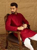 Men Maroon Viscose Rayon Solid Embroidered Straight Kurta with Trouser-MKSET1558