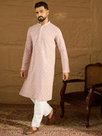 Men Purple Viscose Rayon Solid Embroidered Straight Kurta with Trouser-MKSET1583