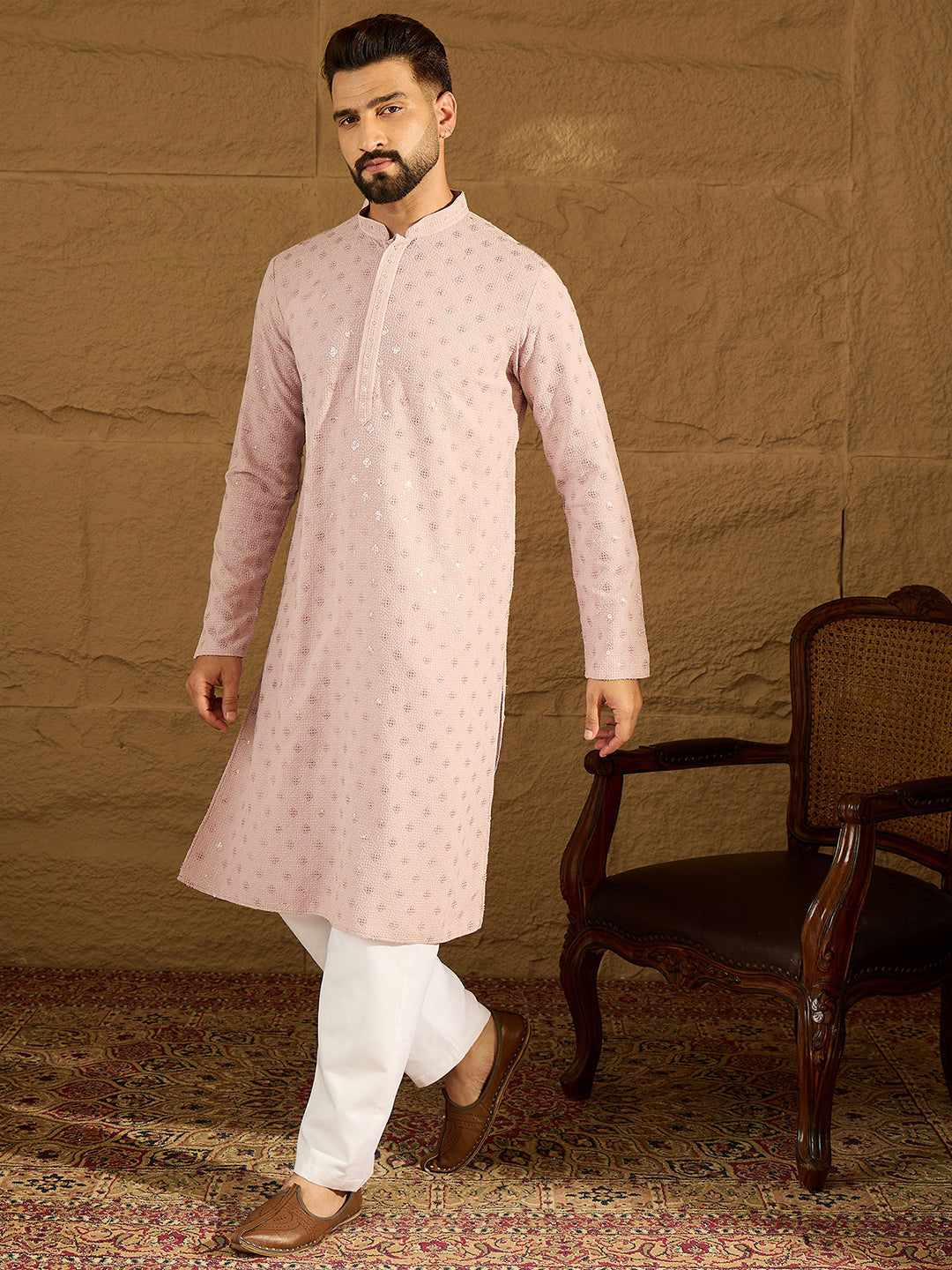 Men Purple Viscose Rayon Solid Embroidered Straight Kurta with Trouser-MKSET1583
