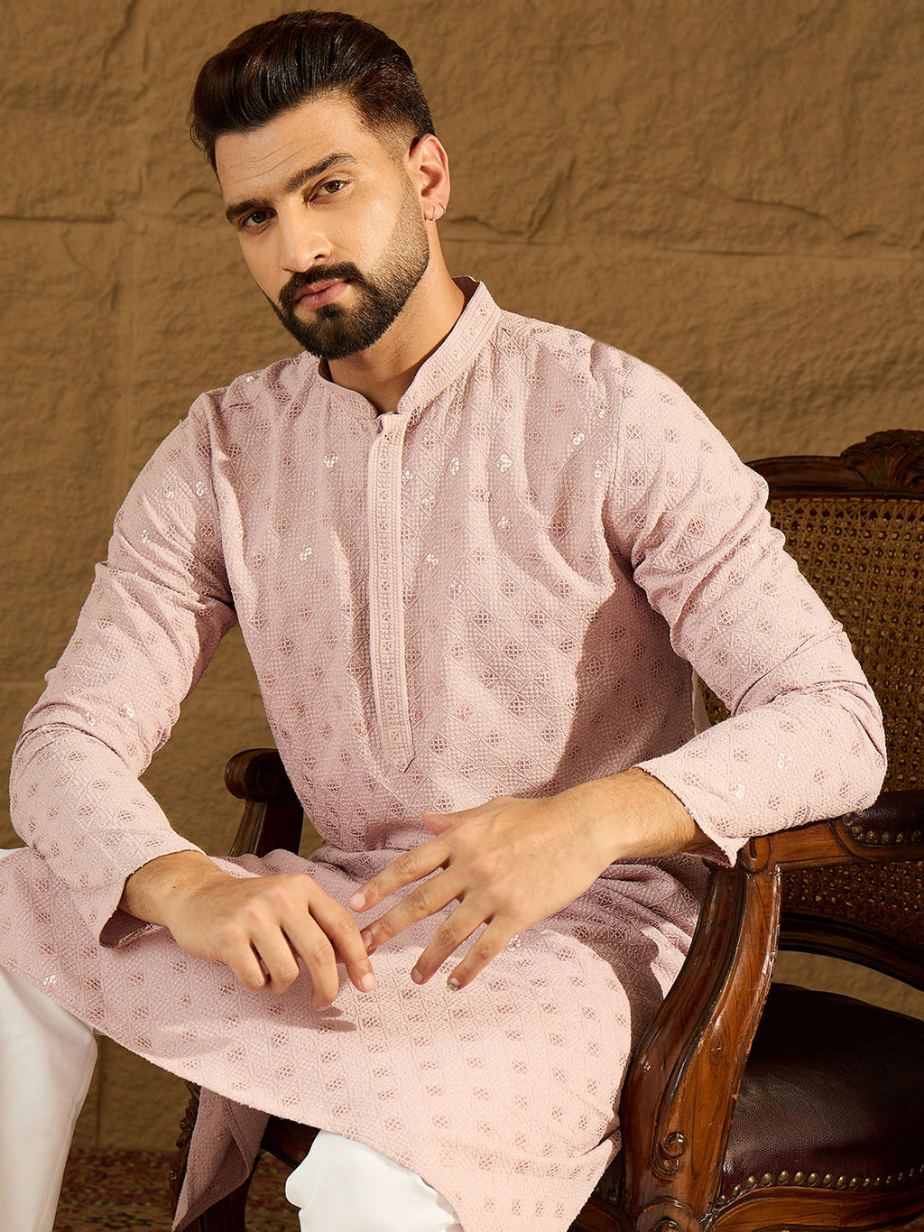 Men Purple Viscose Rayon Solid Embroidered Straight Kurta with Trouser-MKSET1583