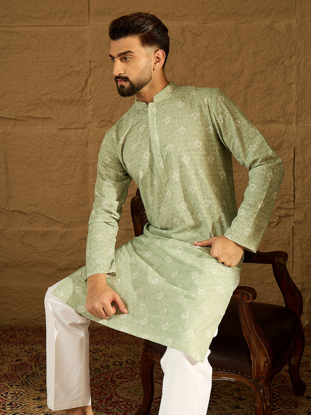 Men Green Viscose Rayon Bandhani Embroidered Straight Kurta with Trouser-MKSET1584