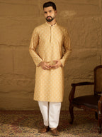 Men Yellow Viscose Rayon Bandhani Embroidered Straight Kurta with Trouser-MKSET1585