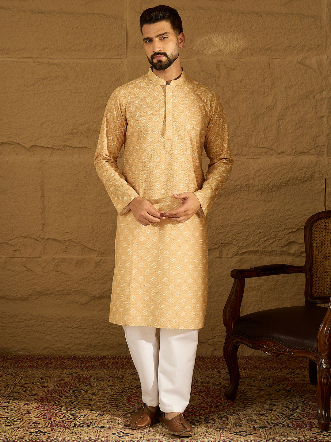 Men Yellow Viscose Rayon Bandhani Embroidered Straight Kurta with Trouser-MKSET1585