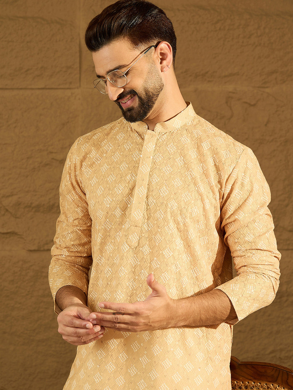 Men Yellow Viscose Rayon Bandhani Embroidered Straight Kurta with Trouser-MKSET1585