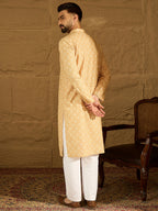 Men Yellow Viscose Rayon Bandhani Embroidered Straight Kurta with Trouser-MKSET1585