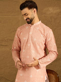 Men Peach Viscose Rayon Bandhani Embroidered Straight Kurta with Trouser-MKSET1587