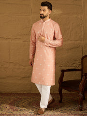 Men Peach Viscose Rayon Bandhani Embroidered Straight Kurta with Trouser-MKSET1587