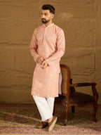 Men Peach Viscose Rayon Bandhani Embroidered Straight Kurta with Trouser-MKSET1587