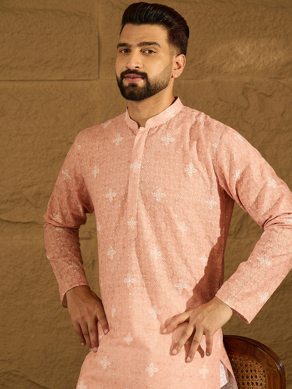 Men Peach Viscose Rayon Bandhani Embroidered Straight Kurta with Trouser-MKSET1587