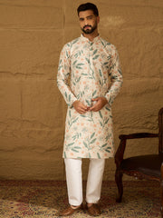 Men White Viscose Rayon Floral Embroidered Straight Kurta with Trouser-MKSET1597