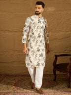 Men Off White Viscose Rayon Geometric Printed Straight Kurta with Trouser-MKSET1598
