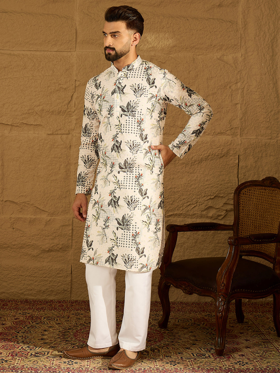 Men Off White Viscose Rayon Geometric Printed Straight Kurta with Trouser-MKSET1598