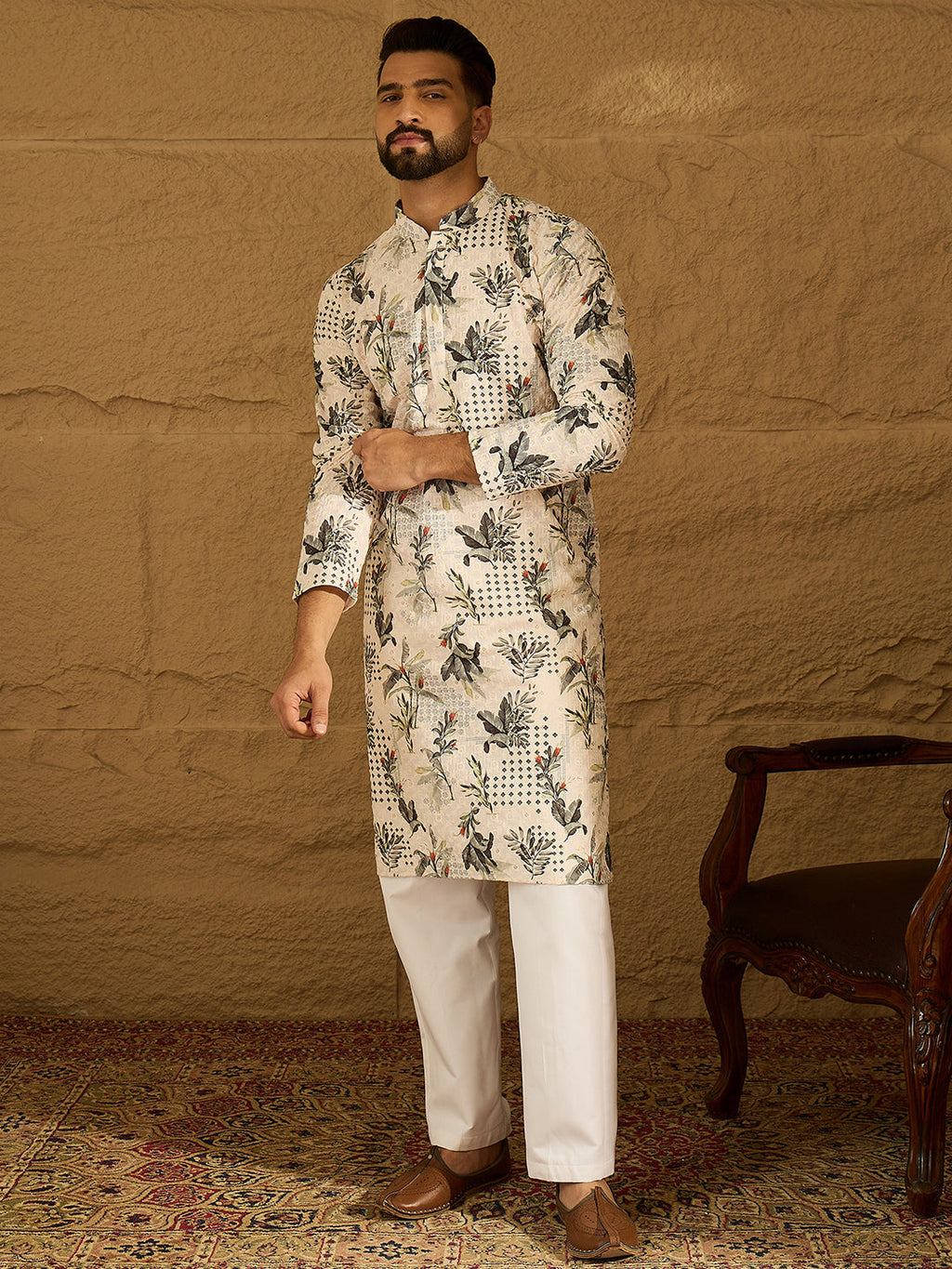 Men Off White Viscose Rayon Geometric Printed Straight Kurta with Trouser-MKSET1598