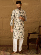 Men Off White Viscose Rayon Geometric Printed Straight Kurta with Trouser-MKSET1598