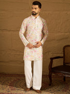 Men White Viscose Rayon Floral Embroidered Straight Kurta with Trouser-MKSET1599