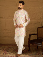 Men White Viscose Rayon Floral Embroidered Straight Kurta with Trouser-MKSET1599