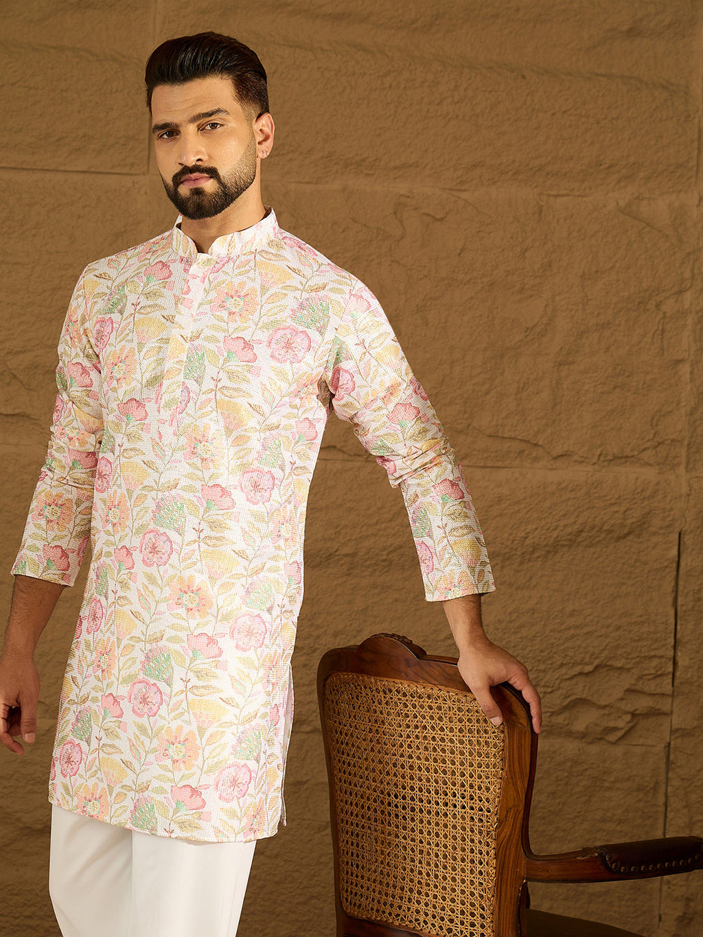 Men White Viscose Rayon Floral Embroidered Straight Kurta with Trouser-MKSET1599