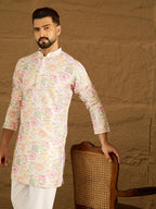 Men White Viscose Rayon Floral Embroidered Straight Kurta with Trouser-MKSET1599