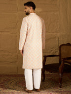 Men Orange Viscose Rayon Geometric Printed Straight Kurta with Trouser-MKSET1600