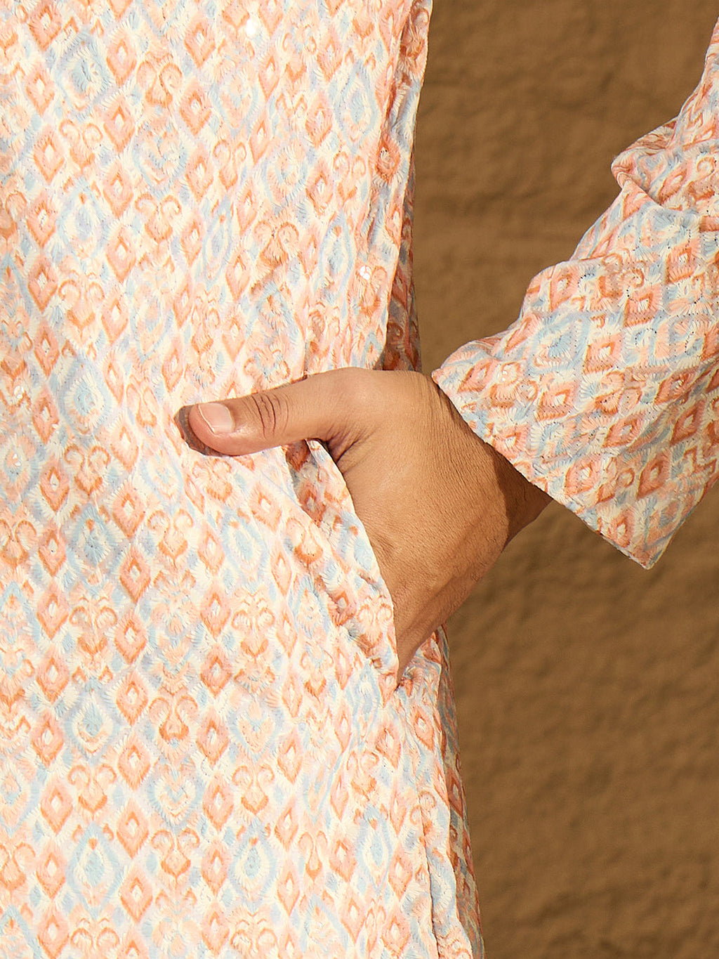 Men Orange Viscose Rayon Geometric Printed Straight Kurta with Trouser-MKSET1600