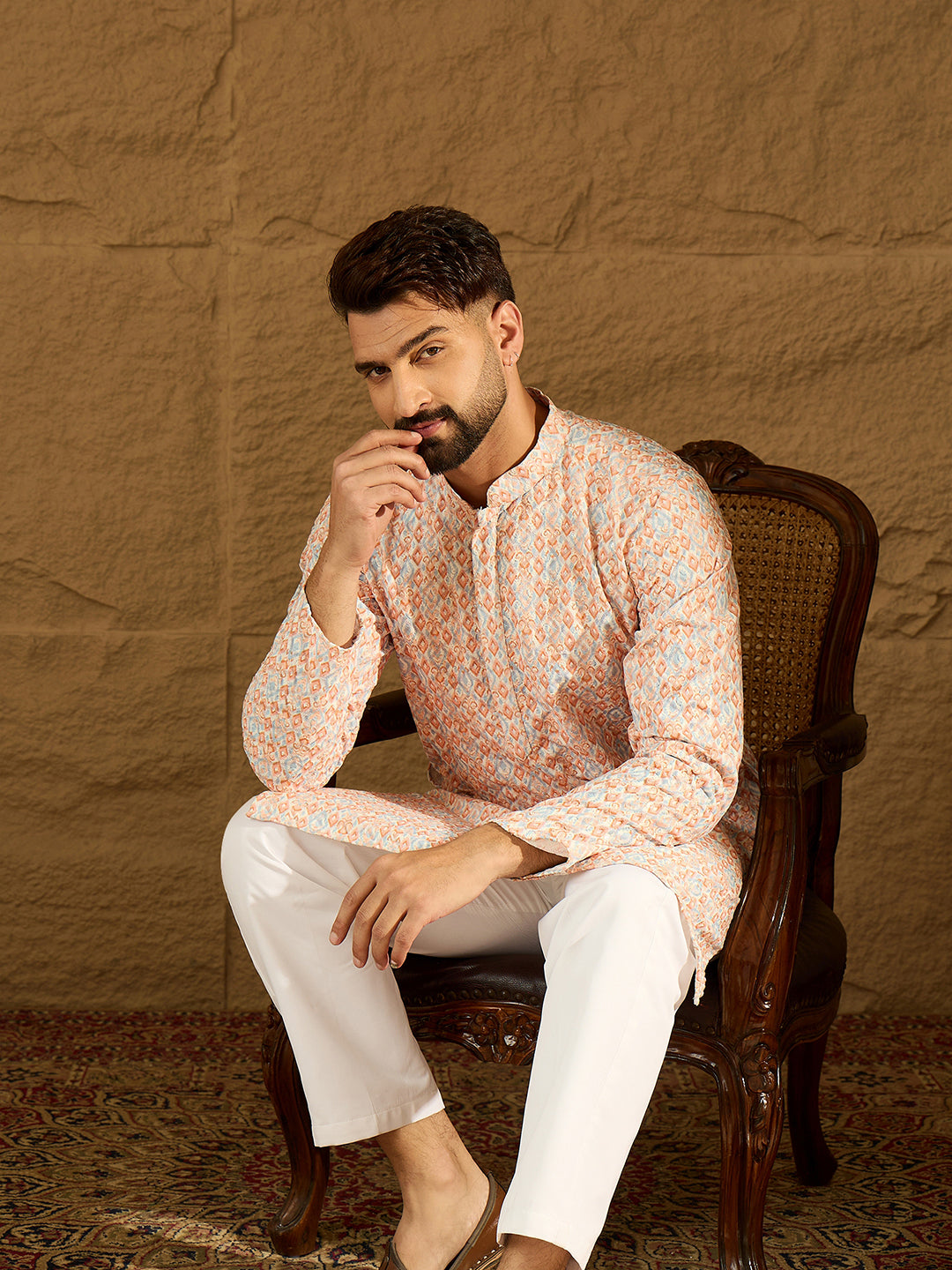 Men Orange Viscose Rayon Geometric Printed Straight Kurta with Trouser-MKSET1600