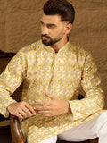 Men Yellow Viscose Rayon Geometric Printed Straight Kurta with Trouser-MKSET1601
