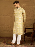 Men Yellow Viscose Rayon Geometric Printed Straight Kurta with Trouser-MKSET1601