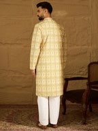 Men Yellow Viscose Rayon Geometric Printed Straight Kurta with Trouser-MKSET1601