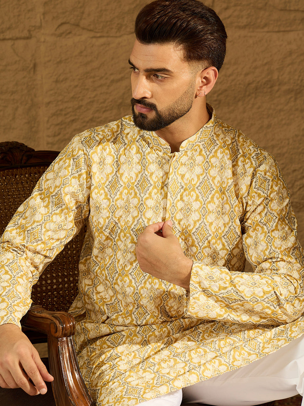 Men Yellow Viscose Rayon Geometric Printed Straight Kurta with Trouser-MKSET1601