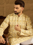 Men Yellow Viscose Rayon Geometric Printed Straight Kurta with Trouser-MKSET1601