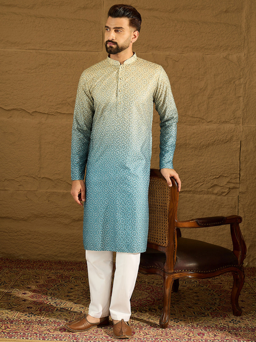 Men Blue Cotton Bandhani Embroidered Straight Kurta with Trouser-MKSET1602