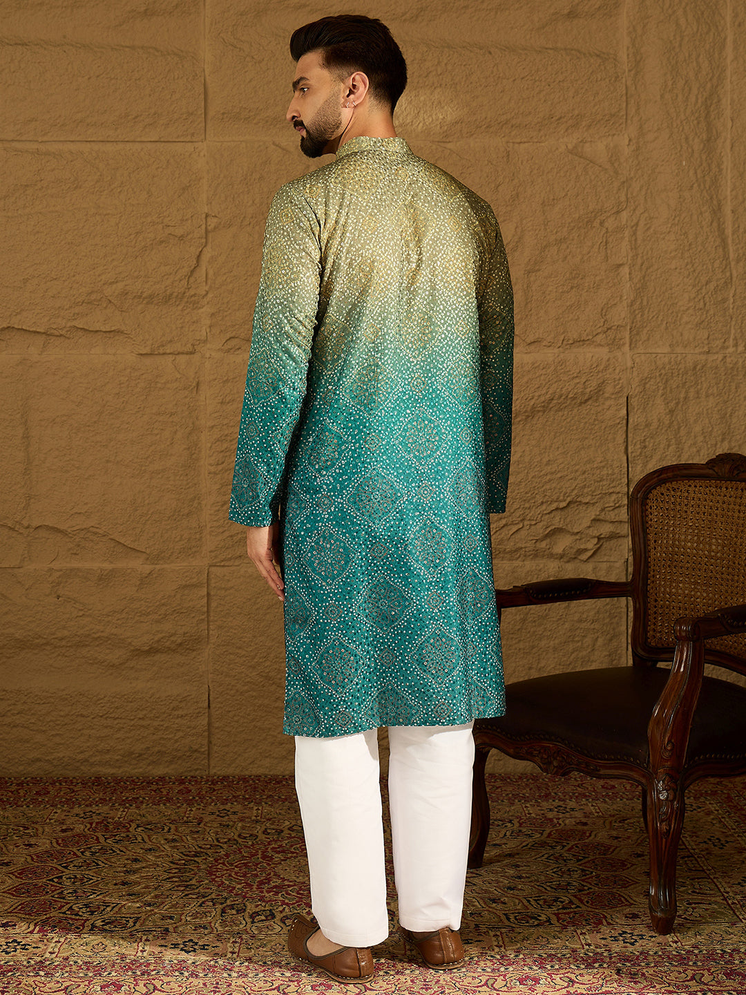 Men Green Cotton Bandhani Embroidered Straight Kurta with Trouser-MKSET1603