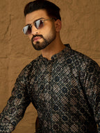 Men Black Viscose Rayon Geometric Printed Straight Kurta with Trouser-MKSET1606