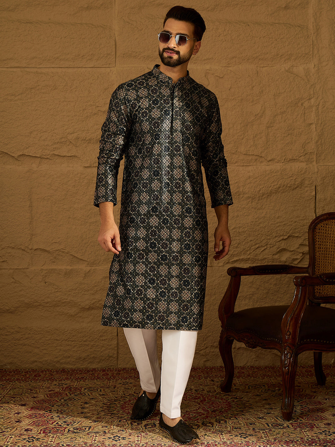 Men Black Viscose Rayon Geometric Printed Straight Kurta with Trouser-MKSET1606