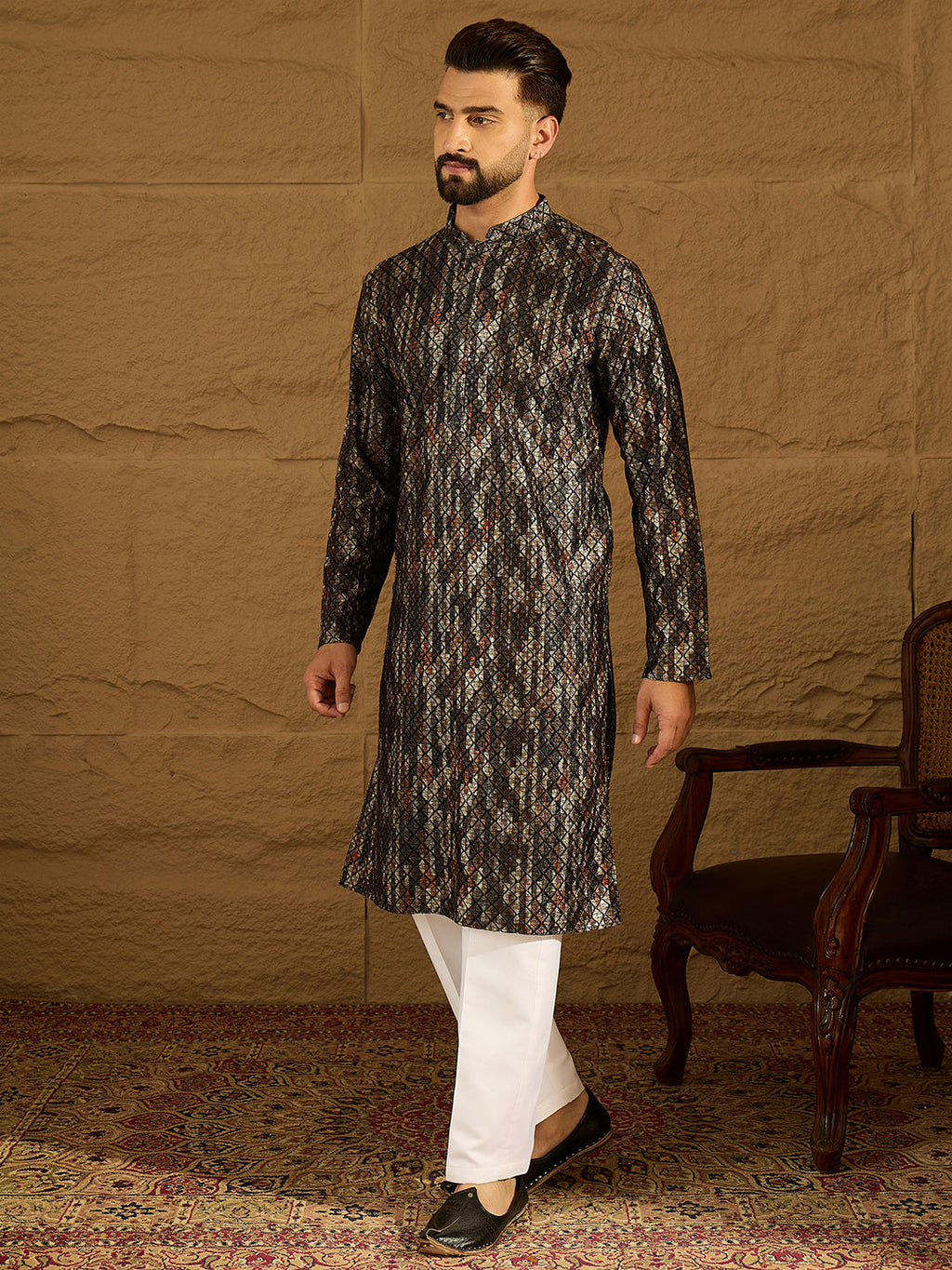 Men Black Viscose Rayon Striped Printed Straight Kurta with Trouser-MKSET1607