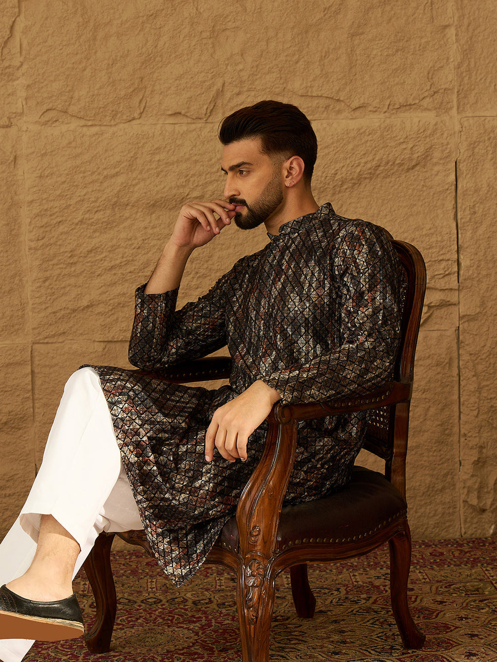 Men Black Viscose Rayon Striped Printed Straight Kurta with Trouser-MKSET1607