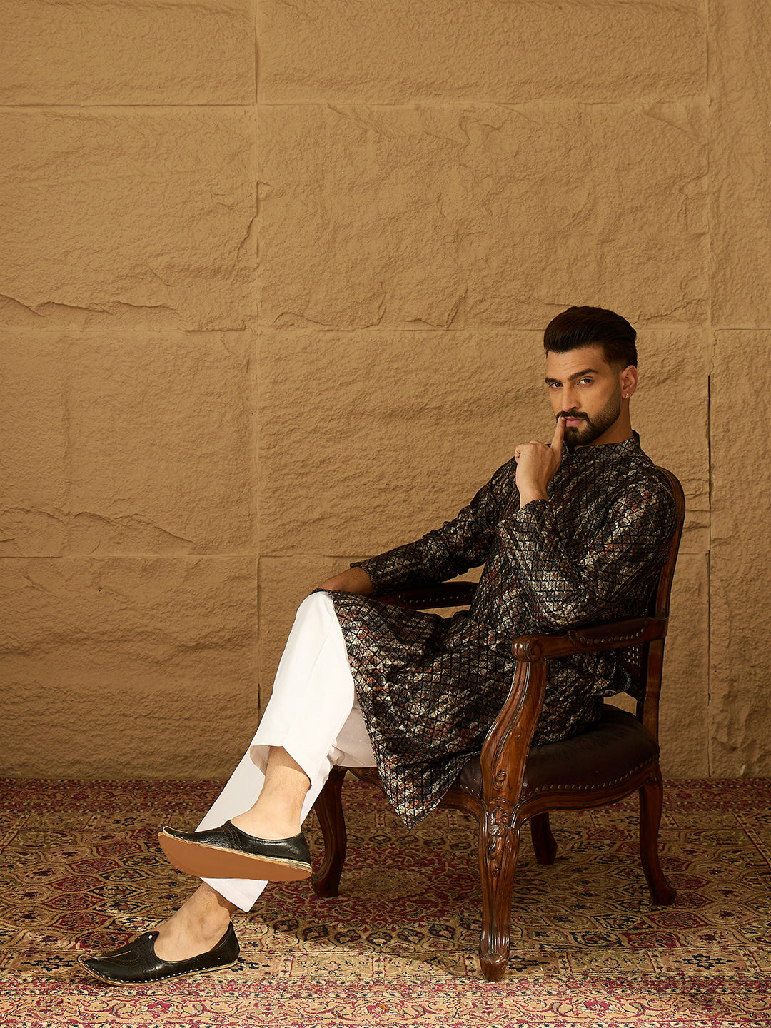 Men Black Viscose Rayon Striped Printed Straight Kurta with Trouser-MKSET1607