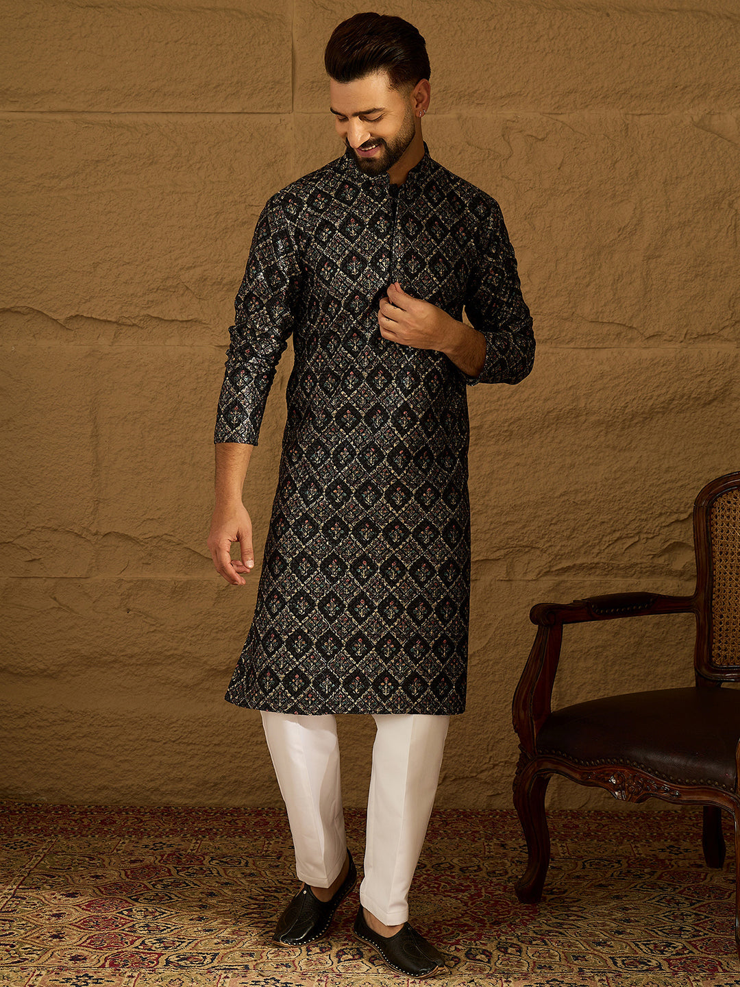 Men Black Viscose Rayon Geometric Printed Straight Kurta with Trouser-MKSET1608
