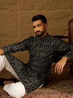 Men Black Viscose Rayon Geometric Printed Straight Kurta with Trouser-MKSET1608