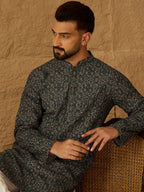 Men Navy Blue Viscose Rayon Geometric Printed Straight Kurta with Trouser-MKSET1609