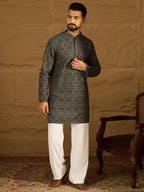 Men Navy Blue Viscose Rayon Geometric Printed Straight Kurta with Trouser-MKSET1609