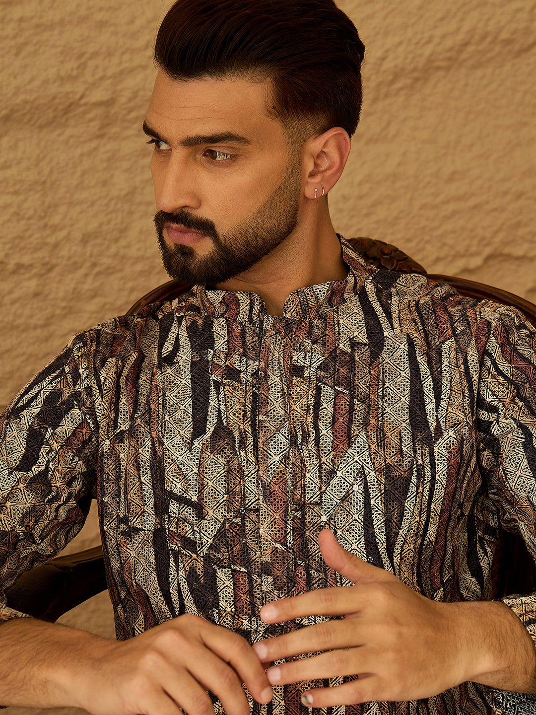 Men Black Viscose Rayon Abstract Printed Straight Kurta with Trouser-MKSET1610
