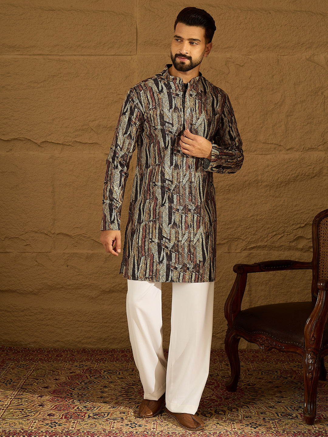 Men Black Viscose Rayon Abstract Printed Straight Kurta with Trouser-MKSET1610