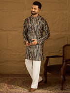 Men Black Viscose Rayon Abstract Printed Straight Kurta with Trouser-MKSET1610